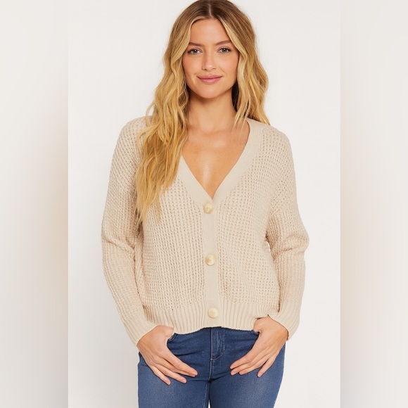 Jessica Simpson Waffle Knit V Neck Cardigan Sweater Neutral Tan sz Small - Picture 1 of 5